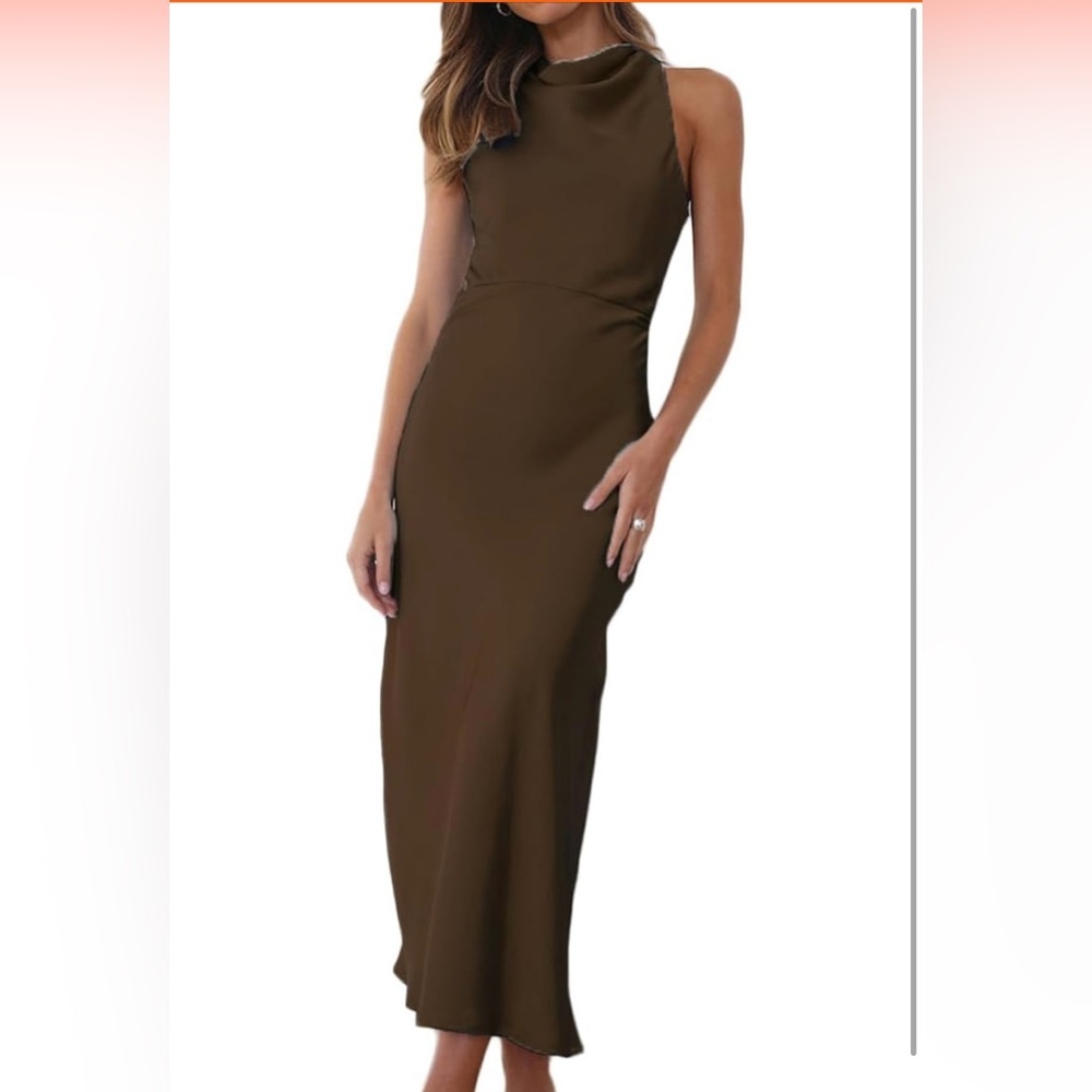 Women’s Brown Satin Midi Mock Neck Sleeveless Backless Dress